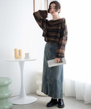 WEGO 段染めボーダーモヘアライクニット ブラウン