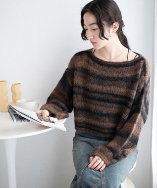 WEGO 段染めボーダーモヘアライクニット ブラウン