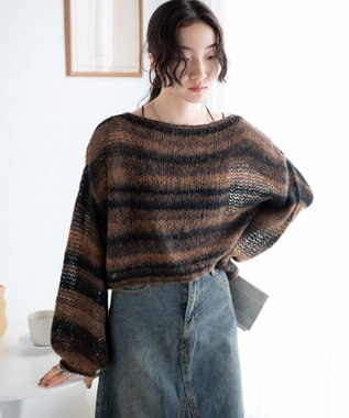 WEGO 段染めボーダーモヘアライクニット ブラウン