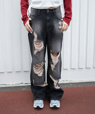 WEGO ダメージストレートデニムパンツ デニムブラックソノタ