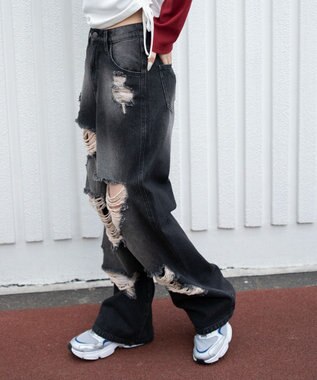 WEGO ダメージストレートデニムパンツ デニムブラックソノタ