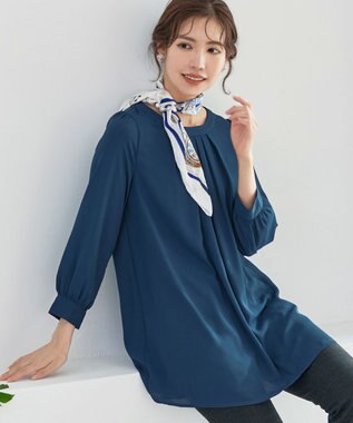 Tiaclasse 【新色追加・洗える】裏起毛ジョーゼット胸元タックチュニックブラウス ターコイズ