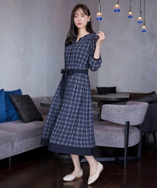 Tiaclasse L シアーチェック配色ワンピース ネイビー