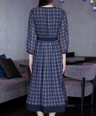 Tiaclasse L シアーチェック配色ワンピース ネイビー