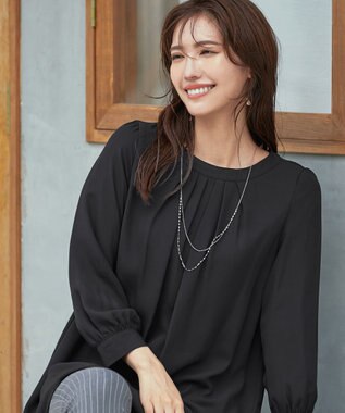 Tiaclasse L 【新色追加・洗える】裏起毛ジョーゼット胸元タックチュニックブラウス ブラック