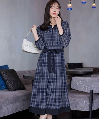 Tiaclasse L シアーチェック配色ワンピース ネイビー