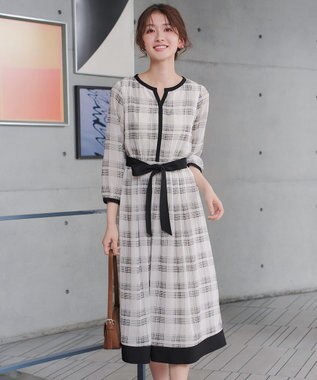Tiaclasse L シアーチェック配色ワンピース オフホワイト