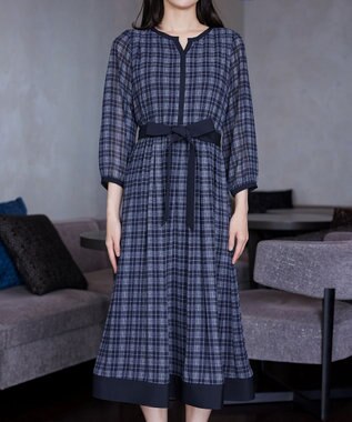 Tiaclasse L シアーチェック配色ワンピース ネイビー