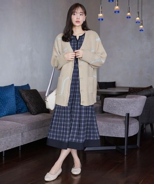 Tiaclasse L シアーチェック配色ワンピース ネイビー