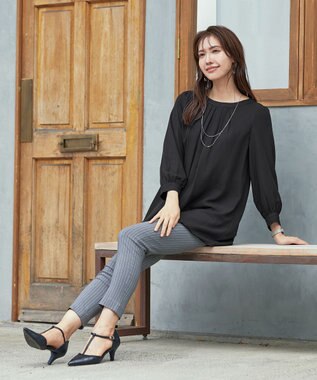 Tiaclasse L 【新色追加・洗える】裏起毛ジョーゼット胸元タックチュニックブラウス ブラック