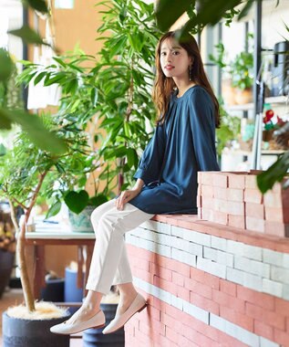 Tiaclasse L 【新色追加・洗える】裏起毛ジョーゼット胸元タックチュニックブラウス モカ