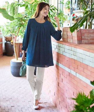 Tiaclasse 【新色追加・洗える】裏起毛ジョーゼット胸元タックチュニックブラウス ターコイズ