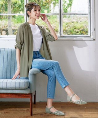 Tiaclasse L 【洗える】シフォンドレープカーディガン カーキ