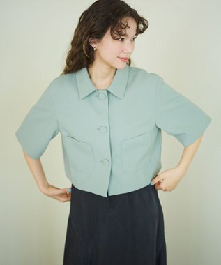 #Newans 【シワになりにくい】〈花乃まりあさんコラボ〉クロップドシャツジャケット スモークグリーン