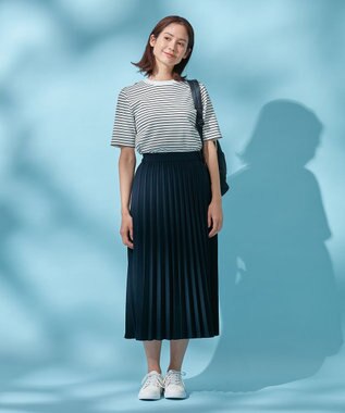 ANY 【ウエストゴム】リネンライクエアーヴィンテージ プリーツスカート ネイビー