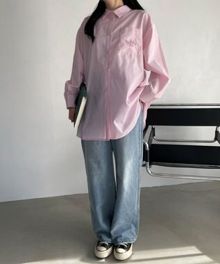 WEGO 【冷房対策】刺繍ストライプBIGシャツ ピンク
