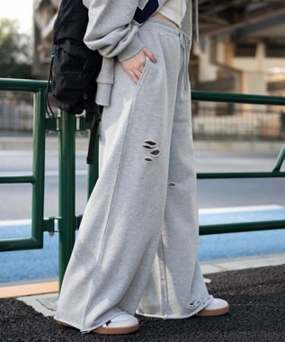 WEGO 【ウエストゴム】ダメージスウェットワイドパンツ 杢グレー