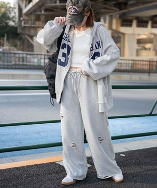 WEGO 【ウエストゴム】ダメージスウェットワイドパンツ 杢グレー