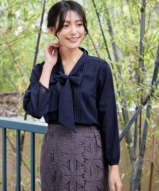 Tiaclasse 【新色追加・洗える】リボンタイブラウス ネイビー