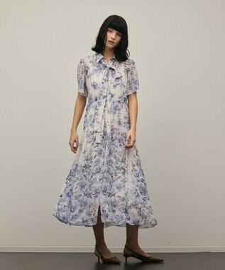 GRACE CONTINENTAL フラワープリントシャツフレアワンピース ブルー