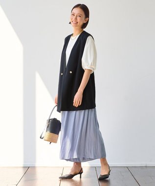 自由区 L 【接触冷感・速乾・UVケア・撥水・防シワ】リネンライクツィル ジレ ネイビー系