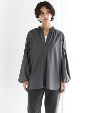 #Newans 【洗濯機可/しわになりにくい】シャーリングネック ボリュームスリーブブラウス チャコール