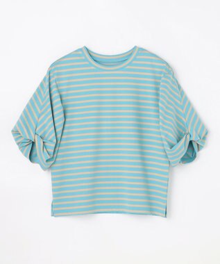 ANY L ツイストスリーブボーダートップス ブルー×ベージュ