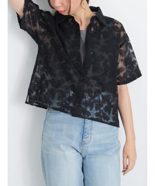 Te chichi オーガンジー刺繍ハーフスリーブシャツ ブラック