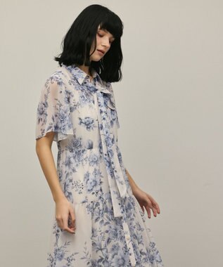 GRACE CONTINENTAL フラワープリントシャツフレアワンピース ブルー