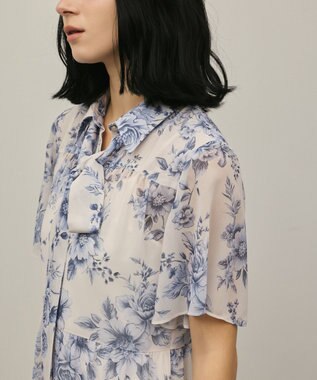 GRACE CONTINENTAL フラワープリントシャツフレアワンピース ブルー