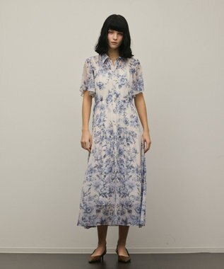 GRACE CONTINENTAL フラワープリントシャツフレアワンピース ブルー