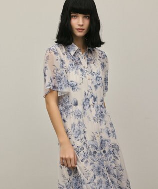 GRACE CONTINENTAL フラワープリントシャツフレアワンピース ブルー