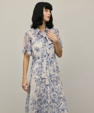 GRACE CONTINENTAL フラワープリントシャツフレアワンピース ブルー