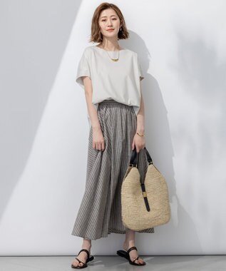 23区 【洗える】リネンコットンストライプ ギャザー スカート ダークブラウンストライプ