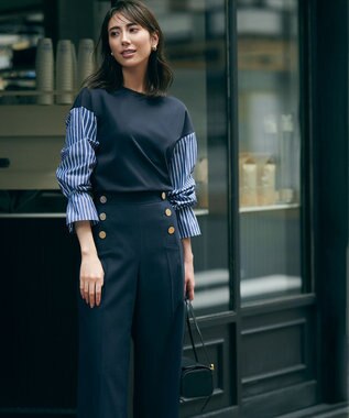 23区 L 【洗える】コンビネーション キャンディースリーブ カットソー ネイビー×ブルーストライプ