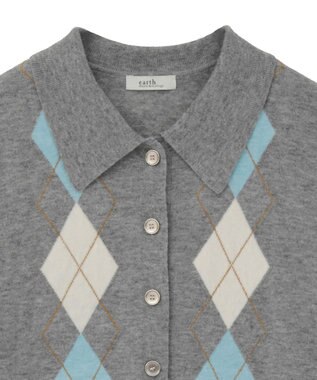 earth music&ecology 【予約】襟付きアーガイルニットカーディガン グレー