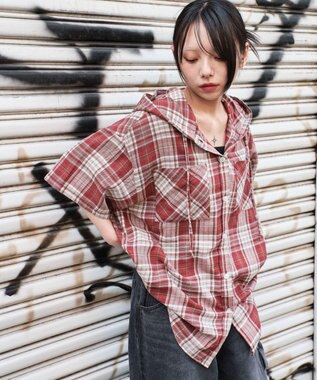 WEGO フードチェックBIGシャツ（S） レッド