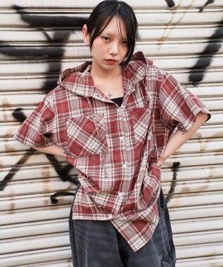 WEGO フードチェックBIGシャツ（S） レッド