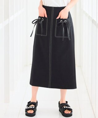 Feroux 【洗える】リボンポケット付きIライン スカート ブラック系