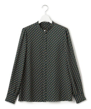 23区 【洗える】Ratti チェーンモチーフ ボウタイ ブラウス ダークグリーンプリント