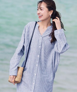 Tiaclasse 【洗える】リネンミックススキッパーシャツワンピース ブルーストライプ