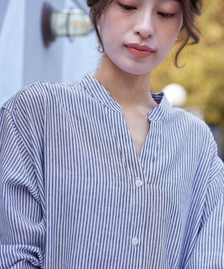 Tiaclasse 【洗える】リネンミックススキッパーシャツワンピース ブルーストライプ