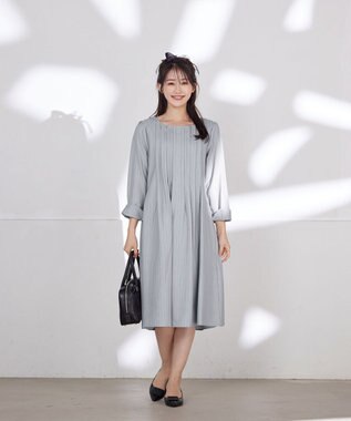 Tiaclasse 【洗える】スタイルアップも叶うピンタックワンピース グレーストライプ