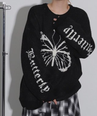 WEGO モチーフグラフィックフラッフィーニットプルオーバー ブラック