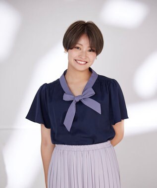 Tiaclasse 【洗える】配色リボンタイブラウス ネイビー