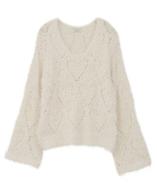 earth music&ecology シャギーミックス透かしハート柄ニットプルオーバ Ivory