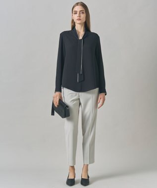 ICB L 【接触冷感・UVケア・速乾・洗える】BackSatinAmunzen 配色ボウタイブラウス ブラック系