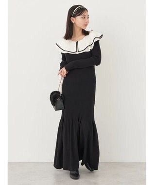 earth music&ecology パイピングフレアカラーニットワンピース Black