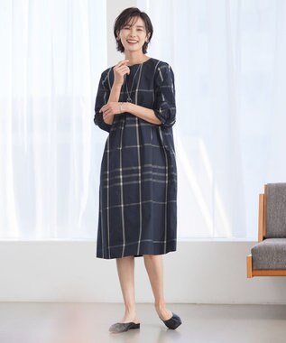 J.PRESS LADIES L 【洗える】 メモリーウェザー チェック ワンピース ネイビー系3