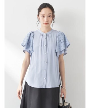 earth music&ecology レースラッフルブラウス Grayish Blue